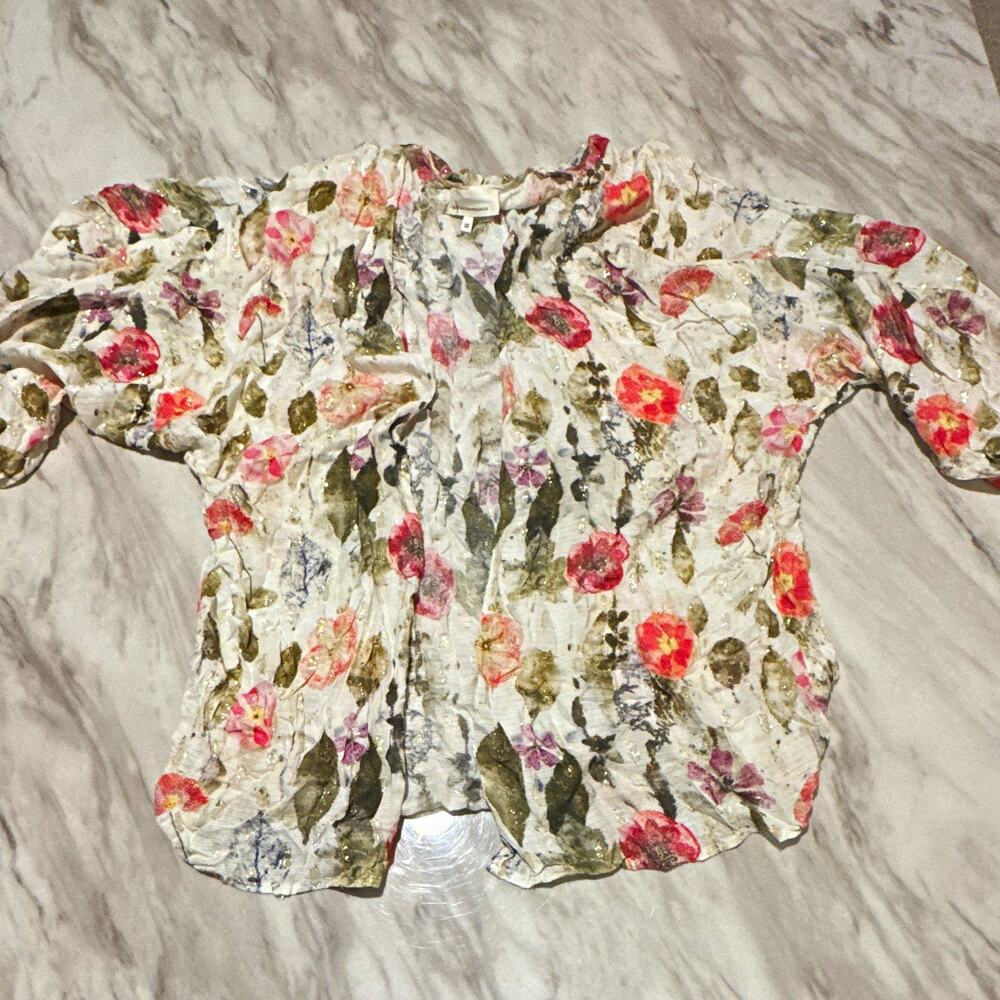 Anthropologie Womens Multicolor Floral V-Neck Short Sleeve Blouse One Size 0153